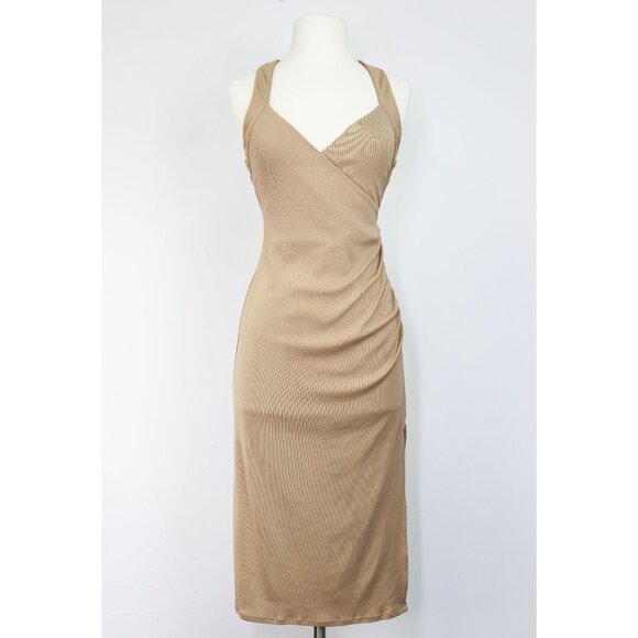 NBD Surplice Ribbed Midi Dress Stretch Jersey Thigh Slit Cross Strap Tan Beige S - Picture 1 of 8